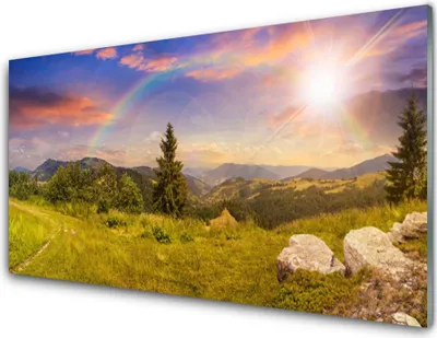 Immagine prodotto di Stampe su vetro acrilico 100x50: quadro decorativo con soggetto sole, montagne, prato, rocce, natura