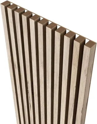 A close-up, angled view of a wooden slatted wall panel.