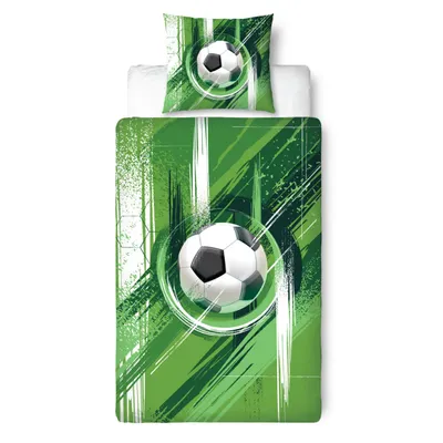 A soccer-themed duvet cover and pillowcase set with a green abstract background and soccer ball graphics.