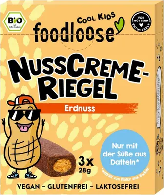 Produktbild von Foodloose Erdnuss -Nusscreme-Riegel, Erdnuss, 28 g, Kakao, Dattel (Frucht), getrocknete Datteln* (52 %), ERDNUSSMUS* (25 %), glutenfreie HAFERFLOCKEN*, Kakaopulver* (8 %),..., 117 kcal, 417 kcal