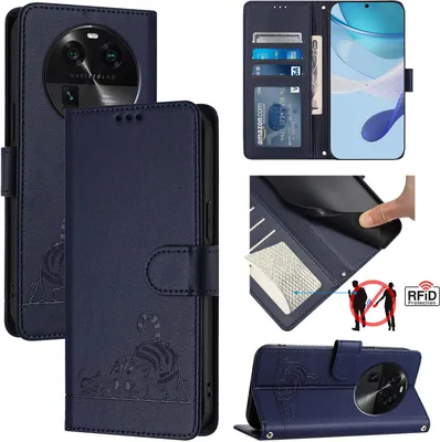 Produktbild von Leder Hülle für Oppo Find X6 Süße Katze Flip Case Brieftasche Schutzhülle mit Standfunktion Blau