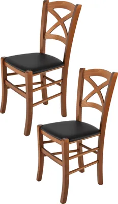Produktbild von t m c s Tommychairs - 2er Set Stühle CROSS für Küche und Esszimmer, robuste Struktur aus lackiertem Buchenholz im Farbton Helles Nussbraun und gepolsterte Sitzfläche mit KUNSTLEDER in der Farbe Schwarz bezogen