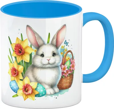 Produktbild von Osterhase mit Osterglocken Kaffeebecher in hellblau