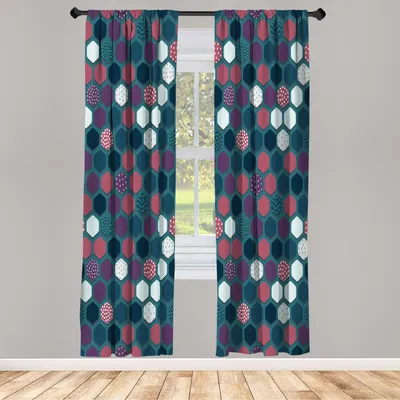 Produktbild von ABAKUHAUS Geometrisch Vorhänge 2 Panel Set für Wohnzimmer Schlafzimmer Dekor, Vibrierende Hexagon-Formen mit dekorativen Polka Dots Vintage Pattern, 150 cm x 245 cm, Getrocknete Rose Dunkle Teal