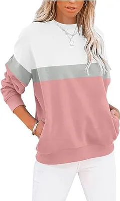 Image de ASKSA Pulls femme col rond manches longues Sweatshirt décontracté Bloc de couleurs automne hiver Hauts Oversize, Blanc&Rose pâle, XL