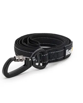 A black dog leash coiled on a white background.