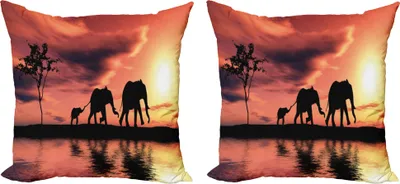 Produktbild von ABAKUHAUS Elefant Kissenbezug Set (2Stück), Safari Wild Animals, doppelseitiges Digitaldruckdekor mit Reißverschluss, 50 cm, Dunkler Coral Seal Brown