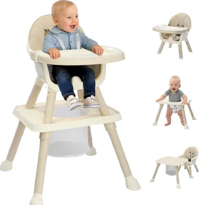 Produktbild von FCH Hochstuhl Baby 7-in-1 Kinderhochstuhl Klappbarer Esszimmerstuhl, Kinderwagen - Mitwachsstuhl und Babystuhl für Neugeborene,Beige