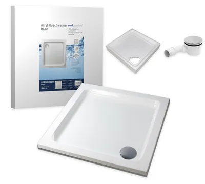 Produktbild von sanicomfort Duschwannen-Set Basic 80 x 80 x 6 cm - Flache Acryl-Duschtasse inkl. Styropor-Wannenträger & Ablaufgarnitur, Weiß, Komplett-Set für bodengleichen Einbau