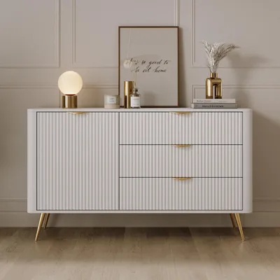 Productafbeelding van Kommode/dressoir FLORE, 138 cm, wit, goud, geribbeld, 1 lade, 3 deuren