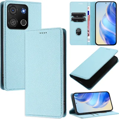 Produktbild von Litchi Leder Handyhülle für itel A05S Wallet Kartenfächer Standfunktion Hülle Hellblau