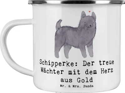 Produktbild von Mr. & Mrs. Panda Emaille Tasse Schipperke Wächterherz - Weiß - Geschenk, Becher, Motivtasse, Teetasse, Belgischer Hund, Hunderasse, Hunderassen Eigenschaften, Hunde, Pott