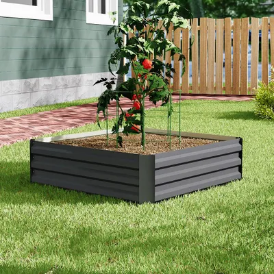 Produktbild von Livingandhome Hochbeet 100 x 100 x 30 cm, Quadratisches Blumenbeet aus verzinktem Stahl, Grau