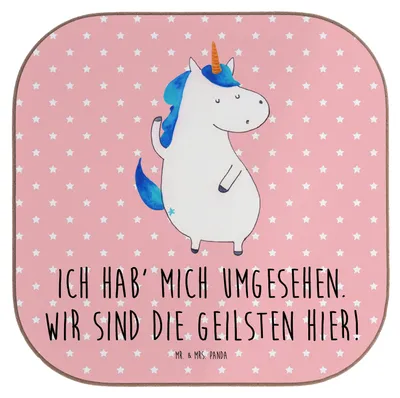 Produktbild von Mr. & Mrs. Panda Untersetzer für Gläser Einhorn Mann - Rot Pastell - Geschenk, Unicorn, Familie, gläseruntersetzer, Tischuntersetzer, Tassen, Coaster, Einhörner, Freundin