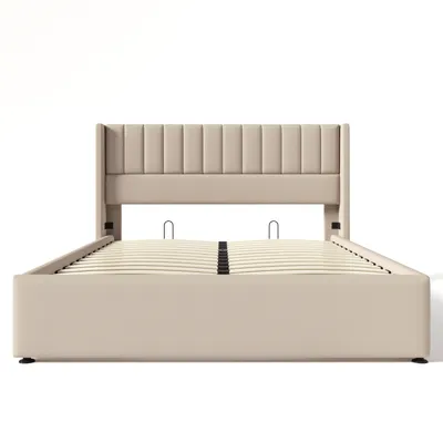 Produktbild von Bett mit Stauraum aus Leinenstoff, 160 x 200 cm, mit Kopfteil und Lattenrost, Beige