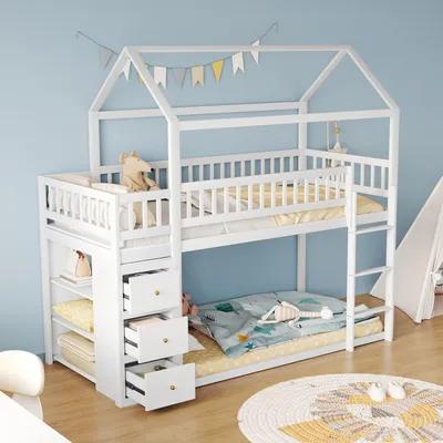 Produktbild von okwish Etagenbett Stockbett in Hausform 90x200cm mit Aufbewahrungskommode und Regalen, Hochbett mit Rausfallschutz, Holzbett Kinderbett Bettgestell mit 1*Lattenrost,Weiß