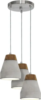 A triple pendant light fixture with concrete-like shades and wooden accents.