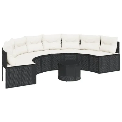 Produktbild von Gartensofa mit Tisch und Kissen Halbrund Schwarz Poly-Rattan