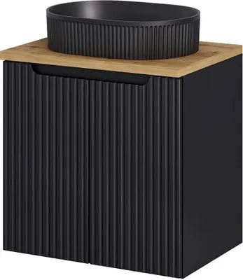 Produktbild von Waschtisch 'Skelbolu' mit ovalem Keramikwaschbecken und 2 Türen gerillt 60 x 71 x 40 cm Schwarz / Eicheoptik