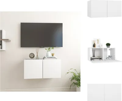 A collage of images showing a white TV cabinet mounted on a wall, and other views of the same cabinet.