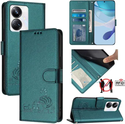 Produktbild von Leder Hülle für Realme 10 Pro+ Süße Katze Flip Case Brieftasche Schutzhülle mit Standfunktion Grün