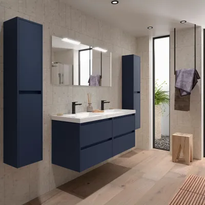 Produktbild von Badezimmermöbel BALTIC 1400 4 Schubladen BLUE SATIN + Waschtisch + Spiegel