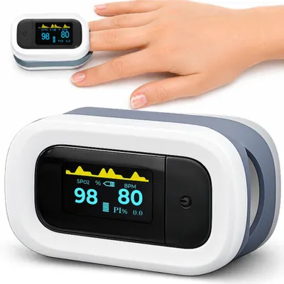 Obrázok produktu pre Profesionálny digitálny prstový pulzoxymeter od spoločnosti Linomag®, vybavený OLED displejom, zabezpečuje rýchle a presné meranie saturácie kyslíkom (SpO2) a pulzu (v BPM). Má farebný displej, automatické vypnutie a je dostupný v bielej/šedej farbe
