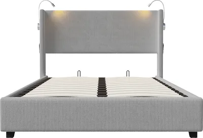 Obrázek produktu pro Čalouněná postel Fortuna Lai 140x200 cm v šedé barvě, hydraulické dvojlůžko s lampičkou na čtení v čele postele, úložná postel s roštem - ideální jako postel pro mladé