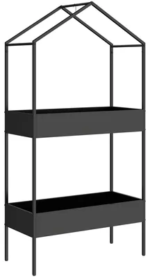 Produktbild von 2-Etagen Pflanzenständer in Hausform, 150 cm hoch Blumenständer mit Haken, Metall Schwarz