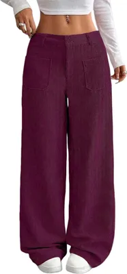 Image de Pantalon en velours côtelé pour femme ASKSA, taille haute, jambes larges, pantalon décontracté, pantalon élégant et confortable avec poches (bordeaux, M)