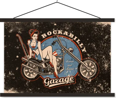 Produktbild von MuchoWow® Textilposter Mancave - Motor - Frauen - Retro 90x60 cm mit schwarzem Rahmen - Aufhängungssatz