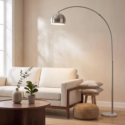 Produktbild von Bogenlampe mit schwerem Marmorsockel 167cm – Moderne Stehlampe Silber in Bogenform, E27 Fassung, Elegant Standleuchte für Wohnzimmer & Leseecke.