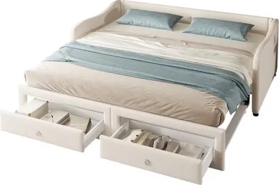 Produktbild von Schlafsofa mit Bettfunktion und Schubladen, 90x200 cm/180x200 cm, Polsterbett, Bezug aus Leinen