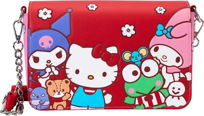 A red crossbody bag with various Sanrio characters printed on it, including Hello Kitty, My Melody, Kuromi, Keroppi, and others. The bag has a chain strap.