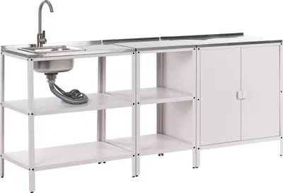 Produktbild von BELIANI Outdoor-Küche Weiß Stahl 3er Set mit Spüle Edelstahlplatte Modern für Garten Draußen Ausstattung Outdoor-Küchenmöbel Gartenküche