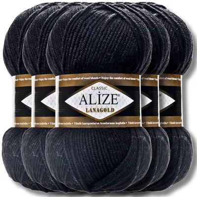 Produktbild von Alize 5x 100g Lanagold Wolle, Uni, Häkeln, Stricken (Black | 60)
