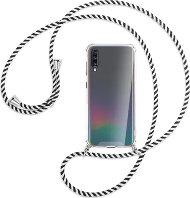Produktbild von Handykette Backcover-Schutzhülle mit Band (Metall silberfarben) für Samsung Galaxy A70 - schwarz/weiß gestreift
