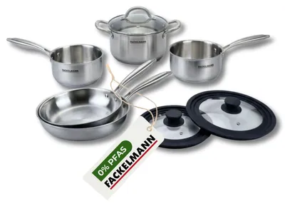 Image de Batterie de cuisine avec 2 casseroles 14/18 cm 1 faitout 20 cm 2 poêles 24/26 cm et 2 ustensiles de cuisine sans PFAS Fackelmann Vita3