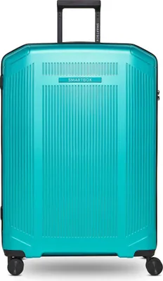 A teal metallic suitcase is shown against a white background.