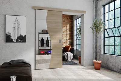 Produktbild von Schwebetür mit Spiegel 80 cm Kaja - Design Schiebetür, Wohnzimmer, Zimmertür, Schiebetürsystem (Sonoma Eiche)