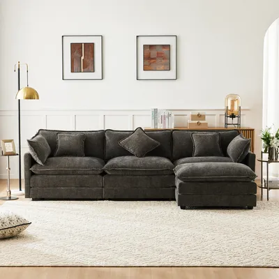 Produktbild von Ecksofa mit Hocker, Zier- und Armlehnenkissen, L-Form, Chenille, Wohnzimmersofa