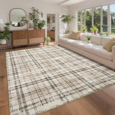 Obrázok produktu pre Obdĺžnikový koberec Karier – koberec do obývačky – klasický štýl – 100 % polyester – protišmyková gumová spodná strana – možné prať v práčke – béžová farba – 200 × 290 cm