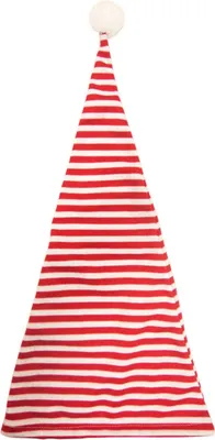 A striped Santa hat with a pom-pom on top, isolated on a white background.