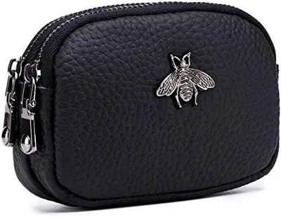 Produktbild von Damen Leder Geldbörse - Doppelreißverschluss Bee Change Pouch Brieftasche Kartenhalter Münztasche Mini Einfache süße Münztasche nützlich für Damen Frauen (Schwarz)
