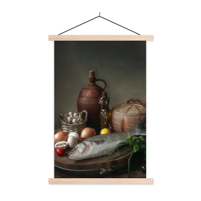 Produktbild von MuchoWow® Textilposter Rustikal - Fisch - Stilleben - Gemüse - Kräuter 120x180 cm mit holzfarbenen Rahmen - Textil-Plakat