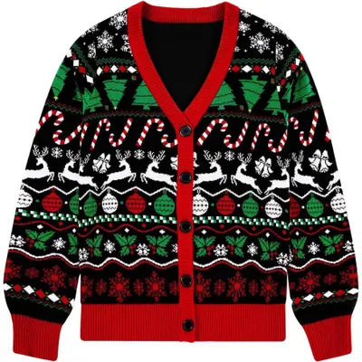 Produktbild von Damen-Cardigan Weihnachtspullover Mit Knöpfen Gehäkelt Gemustert Schwarz M