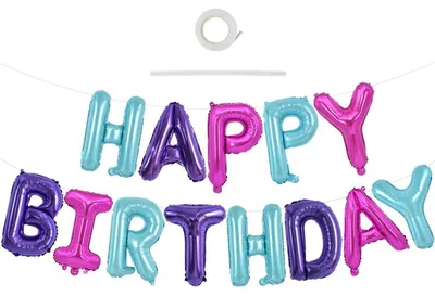 Image de Guirlande "Joyeux Anniversaire" avec ballons, décoration, bleu clair, violet, rose, 15 pièces
