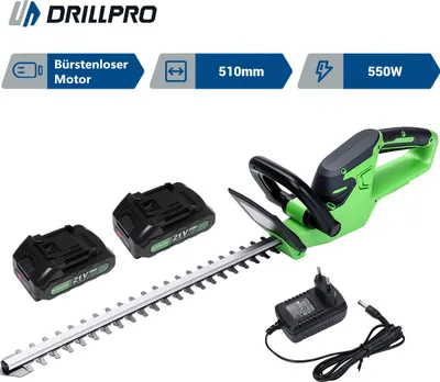 Obrázek produktu pro Drillpro DWK-Y0A01-020 Akumulátorové nůžky na živý plot, 21 V, 550 W, dvojitý nůž s délkou střihu 510 mm, průměr větví 16 mm, nastavitelná rukojeť, se 2 bateriemi