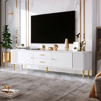 Produktbild von okwish TV-Schrank mit Schubladen, geschwungenen Ecken, Wohnzimmer-TV-Schrank mit gewellten Seiten, goldenen Griffen und Beinen