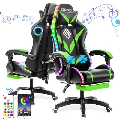 Produktbild von Hoffree Gaming Stuhl Ergonomisch mit 2-Punkt Massagefunktion Bluetooth Lautsprecher RGB Licht PC Bürostuhl, Grün Schwarz
